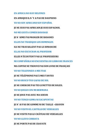 EN AFRICA NO HAY DELFINES 
EN AFRIQUE IL N ´Y A PAS DE DAUPHINS 
YO NO SOY AFRICANO SOY ESPAÑOL 
JE NE SUIS PAS AFRICAIN JE SUIS ESPAGNOL 
NO ME GUSTA COMER BANANAS 
JE N ´AIME PAS MANGER DE BANANES 
ELLOS NO TRABAJAN LOS DOMINGOS 
ILS NE TRAVAILLENT PAS LE DIMANCHE 
ELLAS NO ESCUCHAN AL PROFESOR 
ELLES N´ÉCOUTENT PAS LE PROFESSEURS 
MI COMPAÑERA NO ENCUENTRA SU LIBRO DE FRANCES 
MA COPINE NE TROUVE PAS SON LIVRE DE FRANÇAIS 
YO NO TELEFONEO A MIS TIAS 
JE NE TÉLÉPHONE PAS À MES TANTES 
YO NO BUSCO TUS GAFAS DE SOL 
JE NE CHERCHE PAS TES LUNETTES DE SOLEIL 
YO NO JUEGO CON MI HERMANA 
JE NE JOUE PAS AVEC MA SOEUR 
YO NO TENGO GOMA NI SACAPUNTAS 
JE N´ AI PAS DE GOMME NI DE TAILLE –GRAYON 
YO NO VISITO EL CASTILLO DE VERSALLES 
JE NE VISITE PAS LE CHÂTEAU DE VERSAILLES 
YO NO LLEVO CORBATA 
JE NE PORTE PAS DE CRAVATE 
 