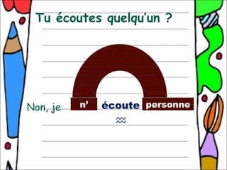 Tu écoutes quelqu’un ?




Non, je   n’   écoute personne
                 
 