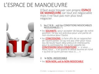 L’ESPACE DE MANOEUVRE
Il faut aussi trouver son propre ESPACE
DE MANŒUVRE car tout est négociable
mais il ne faut pas non plus tout
négocier.
1. les C.N.N. : soit les CONDITIONS NEGOCIABLES
NEGLIGEABLES (*)
• les SOUHAITS : pour accepter de bouger de notre
position. Ce qui est précieux pour une partie et
non couteux pour l’autre
• les CONCESSIONS : à faire afin de se rapprocher
de l’autre partie. Ce qui est pas cher pour nous
(ou de toute façon déjà prévu) et intéressants
pour la contrepartie. Ce qu’on appelle les
CONCESSIONS SOUS CONDITIONS : « si vous ….
Alors nous … » et quand le débat tourne en rond
« qu’est-ce qu’en pensez-vous si….. »
2. le NON –NEGOCIABLE
• les NON-NON, soit le NON-NEGOCIABLE.
(*) G.Welti « La négociation en entreprise » - Ed. Eyrolles 2011
11
 