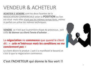 VENDEUR & ACHETEUR
ACHETER & VENDRE sont les deux facettes de la
NEGOCIATION COMMERCIALE selon la POSITION ou l’on
est situé mais elles n’ont pas les mêmes temps forts ,même
si parfois on utilise les mêmes techniques.
VENDRE ce n’est que la première étape du processus , soit
celle de donner au client l’envie d’acheter .
La négociation ne commence que quand le client
dit : « cela m’intéresse mais les conditions ne me
conviennent pas »
Le client désire le produit ( soit il a manifesté le besoin) et
c’est là que la négociation commence.
C’est l’ACHETEUR qui donne le feu vert !!
14
 