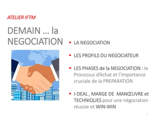 ATELIER IFTM
DEMAIN … la
NEGOCIATION
2
▪ LA NEGOCIATION
▪ LES PROFILS DU NEGOCIATEUR
▪ LES PHASES de la NEGOCIATION : le
Processus d’Achat et l’importance
cruciale de la PREPARATION
▪ I-DEAL , MARGE DE MANŒUVRE et
TECHNIQUES pour une négociation
réussie et WIN-WIN
 