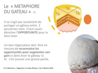 Le « METAPHORE
DU GATEAU » (*)
Il ne s’agit pas seulement de
partager un gâteau entre 2
personnes mais il faut savoir
dénicher l’OPPORTUNITE pour le
faire lever.
Un bon négociateur doit être en
mesure de reconnaitre les
opportunités pour augmenter son
gain (« faire lever le gâteau »)
et s’en assurer une grosse partie.
33
(*) U.Merlone « Negoziare in modo efficace » Ed. Il Mulino 2015
 