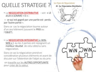 QUELLE STRATEGIE ?
• La NEGOCIATION DISTRIBUTIVE - soit « LE
JEUX A SOMME = 0 » :
« ce qui est gagné par une partie est perdu
par l’autre partie ».
Dans ce cas la négociation tourne autour
d’un seul élément (souvent le PRIX ou
l’OBJET).
• La NEGOCIATION INTEGRATIVE (« WIN-
WIN » ) ou les 2 parties ont rejoignent un
meilleur résultat de celui obtenu sans
négociation.
Dans ce cas la négociation prend en
considération plusieurs éléments et avant de
discuter sur l’obtention de l’objet ou du prix:
on travaille sur les AUTRES OPPORTUNITE
pour créer de la valeur. 6
 
