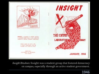 1946
Insight Brochure. Insight was a student group that fostered democracy
on campus, especially through an active student government.
 