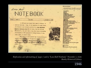 1946
Replication and reformatting of pages 1 and 2, “Lane Hall Notebook,” November 1, 1946.
Bentley Historical Library.
 