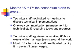 Months 15 to17: the consortium starts to
crack...
 Technical staff not invited to meetings to
discuss technical implementations
 One-way communication (management to
technical staff) regarding tasks and progress
 Technical staff aggrieved at working 65 hour
weeks while manager jaunts around the world
 Month 13 - technical staff headhunted by city
firm paying 3 times wages...
 