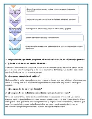 2. Responder las siguientes preguntas de reflexión acerca de su aprendizaje personal.
a. ¿Qué se le dificulto del diseño del curso?
Es un modelo bastante interesante, lo encuentro muy completo. Sin embargo son varios
pasos los que se deben seguir y al no tener costumbre de trabajar un modelo como este,
puede dificultarse un poco su realización.
b. ¿Qué cosas cambiaria, si pudiera?
No le cambiaria nada hasta el momento, es muy probable que mas adelante al conocer mas
sobre el curso y leer mas sobre el tema pueda encontrar otras muy buenas ideas para
agregar.
c. ¿Qué aprendió de su propio trabajo?
d. ¿Qué aprendió de la lectura que aplicara en su quehacer docente?
Crear un curso virtual tiene muchas similitudes con un curso presencial. Uno como
docente sigue teniendo el control para planear y acomodar el curso a nuestro modo. Claro
está que se tiene que tener mucha organización y responsabilidad al crearlo, teniendo que
ponerle especial atención a todos los detalles para que nuestros estudiantes no se
confundan o tenga complicaciones a la hora de seguir instrucciones.
 