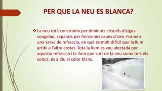 PER QUE LA NEU ES BLANCA?
La neu està construida per diminuts cristalls d’aigua
congelad, separats per finíssimes capes d’aire. Formen
una xarxa de refraccio, en què és molt difícil que la llum
arribi a l’altre costat. Tota la llum es veu afectada per
aquesta refracció i la llum que surt de la neu suma tots els
colors, és a dir, el color blanc.

 