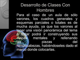 Desarrollo de Clases Con Hombres	Para el caso de un aula de sólo varones, los cuadros generales y esquemas parciales o totales es de mucha ayuda, ya que los varones al tener una visión panorámica del tema a tratar podrá ir construyendo sus mapas mentales y rellenando las piezas del rompecabezas, habiéndoseles dado el marco donde colocarlas.