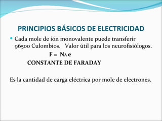 PRINCIPIOS BÁSICOS DE ELECTRICIDAD
 Cada mole de ión monovalente puede transferir
 96500 Culombios. Valor útil para los neurofisiólogos.
            F = NA e
     CONSTANTE DE FARADAY

Es la cantidad de carga eléctrica por mole de electrones.
 