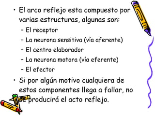El arco reflejo esta compuesto por varias estructuras, algunas son: El receptor La neurona sensitiva (vía aferente) El centro elaborador La neurona motora (vía eferente) El efector Si por algún motivo cualquiera de estos componentes llega a fallar, no se producirá el acto reflejo. 