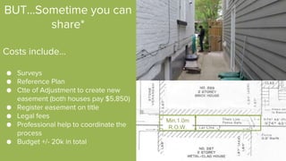 BUT...Sometime you can
share*
Costs include…
● Surveys
● Reference Plan
● Ctte of Adjustment to create new
easement (both houses pay $5,850)
● Register easement on title
● Legal fees
● Professional help to coordinate the
process
● Budget +/- 20k in total
 