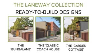 READY-TO-BUILD DESIGNS
THE ‘CLASSIC
COACH HOUSE’
THE
‘BUNGALANE’
THE ‘GARDEN
COTTAGE’
THE LANEWAY COLLECTION
 