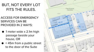 ACCESS FOR EMERGENCY
SERVICES CAN BE
PROVIDED IN 2 WAYS:
BUT, NOT EVERY LOT
FITS THE RULES.
● 1 meter wide x 2.1m high
passage beside your
house, OR
● < 45m from a public street
to the door of the Suite
 