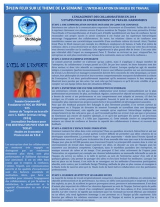 L’ŒIL DE L’EXPERTE
Sunnie Groeneveld
Fondateur et PDG de INSPIRE
925
Auteur de "inspire au travail»
avec C. Küffer (versus verlag,
2014)
Journaliste freelance pour
THE HUFFINGTON POST UND HR
TODAY
études en économie à
l'Université de YALE
Les entreprises dont les collaborateurs
se montrent très engagés se
distinguent par un rendement
nettement plus élevé, sont plus
performantes et fidélisent davantage
leur personnel. Il est en effet bien
connu que le respect, la confiance,
l’estime, l’équité, une communication
ouverte et les qualités d’encadrement
sont des facteurs essentiels de
motivation. Alors, que faire au
quotidien pour stimuler l’engagement
des collaborateurs, et par là-même la
satisfaction, la productivité et la
capacité d’innovation au sein d’une
équipe?
L’ENGAGEMENT DES COLLABORATEURS EN 2014
5 ETAPES POUR UN ENVIRONNEMENT DE TRAVAIL HARMONIEUX
ETAPE 1: UNE COMMUNICATION OUVERTE INSTAURE UN CLIMAT DE CONFIANCE
Entretenez une culture de la communication empreinte d’ouverture et d’honnêteté. Veillez dès le début
à exprimer clairement vos attentes envers d’autres membres de l’équipe. Cela vous permettra d’éviter
l’incertitude et l’incompréhension, et d’autre part, d’établir parallèlement une base de confiance. Savoir
reconnaître son propre succès et savoir comment il est évalué par les supérieurs hiérarchiques
encourage l’engagement des collaborateurs. En outre, les relations claires et de confiance sont
considérées comme une caractéristique essentielle d’une excellente culture du travail. Ainsi, l’Institut
Great Place to Work mesure par exemple les «Meilleurs employeurs de Suisse» à l’aide d’un indice de
confiance. Alors, si vous deviez faire un choix et n’améliorer qu’une seule chose sur votre lieu de travail,
vous devriez travailler sur la confiance. Cela engendrerait le plus grand effet de levier. C’est cette idée
que véhiculait déjà l’expert en management Peter F. Drucker en écrivant un jour: «Aujourd’hui, les
entreprises ne sont plus construites sur la base de la contrainte, mais sur celle de la confiance.»
ETAPE 2: SOYEZ UN EXEMPLE D’INTEGRITE
Ce conseil pourrait sembler ne s’adresser qu’aux cadres, mais il s’applique à chaque membre de
l’entreprise, du collaborateur à temps partiel au CEO. De par leur nature, les êtres humains sont des
êtres sociaux et donc très attentifs au comportement d’autrui. Lorsque quelqu’un agit de manière
intègre et exemplaire (parfois inconsciemment), il exerce une influence positive sur son environnement
de travail. Les directeurs et managers notamment doivent être conscients de cette dynamique, car leurs
valeurs, leur philosophie du travail et leurs normes comportementales marquent durablement la culture
de l’entreprise. Il est donc particulièrement important qu’ils montrent toujours le bon exemple et
illustrent leurs paroles par des actes. Car seul celui qui fait toujours ce qu’il dit reste crédible et peut
compter sur son équipe même dans des situations difficiles.
ETAPE 3: ENTRETENEZ UNE CULTURE CONSTRUCTIVE DU FEEDBACK
Les entreprises «vivent» du fait que chaque collaborateur peut évoluer continuellement sur le plan
professionnel et personnel. De plus, un feedback régulier, constructif et objectif est motivant, car chacun
a besoin de savoir si ses performances et son comportement sont adaptés et corrects, s’il doit les
corriger, ou s’il existe un certain potentiel inexploité. Souvent, le point de vue extérieur aide aussi à
reconnaître plus clairement ses propres points forts et les possibilités de développement associées.
Pour que des feedback puissent être échangés le plus librement possible, il en revient surtout au
management ou à l’équipe de direction de montrer l’exemple en travaillant dans une dynamique
d’ouverture. Concrètement, cela signifie par exemple qu’un supérieur hiérarchique explique son
comportement («je fais cela parce que...»), qu’il reconnaît parfois ses erreurs («je sais que ce processus
ne fonctionne pas encore de manière optimale...») et qu’il fait participer les autres à ses processus
d’apprentissage («moi aussi, il a fallu que j’apprenne...»). Cette attitude sincère et compréhensive
instaure un climat de confiance et favorise la capacité des collaborateurs à donner et recevoir des
feedback.
ETAPE 4: CREEZ DE L’ESPACE POUR L’INNOVATION
Comment naissent les idées dans votre entreprise? Dans un quotidien structuré, hiérarchisé et axé sur
les processus des entreprises, il peut parfois s’avérer difficile de permettre aux idées créatives de se
développer naturellement. La première étape – et la plus importante – réside dans l’écoute. Quand un
collaborateur vous a-t-il parlé pour la dernière fois d’une nouvelle idée sans que vous le lui demandiez?
Chaque jour, plus de 60 000 pensées nous traversent l’esprit. Le principal défi consiste donc à créer un
environnement de travail dans lequel exprimer ses idées, en discuter au sein de l’équipe, puis les
soumettre aux décideurs compétents. Cependant, dans le tourbillon quotidien des entreprises, on
manque souvent de calme et de temps. C’est pourquoi il faut créer activement de l’espace pour
l’innovation, en organisant par exemple une réunion hebdomadaire ou mensuelle informelle au sein de
l’équipe, du service ou même, si la taille le permet, au sein de l’entreprise autour d’un café et de
quelques gâteaux. Cela permet de partager des idées et d’en faire évoluer les meilleures. Lorsque l’on
met en place un tel format, il est utile de se renseigner sur les méthodes d’innovation participative,
abordée, entre autres, par la méthode Design Thinking, méthode de plus en plus connue et enseignée à
la Haute école de Lucerne ainsi qu’à la Haute école de Saint-Gall en collaboration avec des partenaires
professionnels.
ETAPE 5: CELEBREZ LES PETITS ET LES GRANDS SUCCES
La majorité du temps de travail est généralement consacrée à résoudre des problèmes et à atteindre des
objectifs professionnels et de performance. Au mieux, les défis sont passionnants et inspirent à réaliser
des exploits, au pire, ils accablent les gens et provoquent stress, pression et mécontentement. Il est donc
d’autant plus important de célébrer les réussites dignement au sein de l’équipe. Surtout après de petits
succès inattendus, on se réjouit d’un compliment spontané, d’un bon-cadeau et d’un remerciement
sincère. Car dire «merci» ne signifie pas seulement que l’on reconnaît un travail effectué, une initiative
ou un effort, cela rend également hommage à une personne ou à l’équipe qu’elle représente. Cela
favorise par ailleurs les relations courtoises au sein de l’équipe et motive la personne que l’on a
remerciée à continuer à faire de son mieux.
3PLEIN FEUX SUR LE THEME DE LA SEMAINE : L’INTER-RELATION EN MILIEU DE TRAVAIL
 