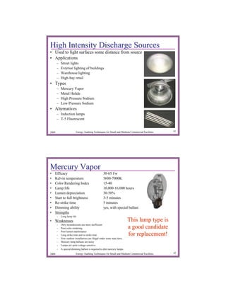 High Intensity Discharge Sources
• Used to light surfaces some distance from source
• Applications
       –   Street lights
       –   Exterior lighting of buildings
       –   Warehouse lighting
       –   High-bay retail
• Types
       –   Mercury Vapor
       –   Metal Halide
       –   High Pressure Sodium
       –   Low Pressure Sodium
• Alternatives
       – Induction lamps
       – T-5 Fluorescent


2009                     Energy Auditing Techniques for Small and Medium Commercial Facilities   41




Mercury Vapor
•   Efficacy                                       30-65 l/w
•   Kelvin temperature                             5600-7000K
•   Color Rendering Index                          15-40
•   Lamp life                                      10,000-16,000 hours
•   Lumen depreciation                             30-50%
•   Start to full brightness                       3-5 minutes
•   Re-strike time                                 5 minutes
•   Dimming ability                                yes, with special ballast
•   Strengths
       –   Long lamp life
• Weaknesses                                                              This lamp type is
       –   Only incandescents are more inefficient
       –   Poor color rendering                                           a good candidate
       –   Poor lumen maintenance
       –   Long strike time and re-strike time                            for replacement!
       –   New outdoor installations are illegal under some state laws.
       –   Mercury lamp ballasts are noisy
       –   Lamps are quite voltage sensitive
       –   A special dimming ballast is required to dim mercury lamps.
2009                     Energy Auditing Techniques for Small and Medium Commercial Facilities   42
 