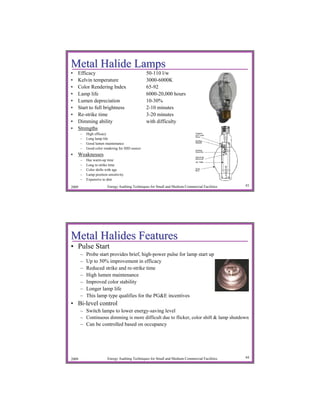 Metal Halide Lamps
•   Efficacy                                     50-110 l/w
•   Kelvin temperature                           3000-6000K
•   Color Rendering Index                        65-92
•   Lamp life                                    6000-20,000 hours
•   Lumen depreciation                           10-30%
•   Start to full brightness                     2-10 minutes
•   Re-strike time                               3-20 minutes
•   Dimming ability                              with difficulty
•   Strengths
       –   High efficacy
       –   Long lamp life
       –   Good lumen maintenance
       –   Good color rendering for HID source
• Weaknesses
       –   Has warm-up time
       –   Long re-strike time
       –   Color shifts with age
       –   Lamp position sensitivity
       –   Expensive to dim

2009                     Energy Auditing Techniques for Small and Medium Commercial Facilities   43




Metal Halides Features
• Pulse Start
       –   Probe start provides brief, high-power pulse for lamp start up
       –   Up to 50% improvement in efficacy
       –   Reduced strike and re-strike time
       –   High lumen maintenance
       –   Improved color stability
       –   Longer lamp life
       –   This lamp type qualifies for the PG&E incentives
• Bi-level control
       – Switch lamps to lower energy-saving level
       – Continuous dimming is more difficult due to flicker, color shift & lamp shutdown
       – Can be controlled based on occupancy




2009                     Energy Auditing Techniques for Small and Medium Commercial Facilities   44
 