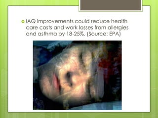 IAQ improvements could reduce health care costs and work losses from allergies and asthma by 18-25%. (Source: EPA)