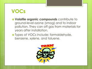 VOCsVolatile organic compounds contribute to ground-level ozone (smog) and to indoor pollution. They can off gasfrom materials for years after installation.Types of VOCs include: formaldehyde, benzene, xylene, and toluene.