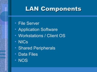 LAN ComponentsLAN Components
• File Server
• Application Software
• Workstations / Client OS
• NICs
• Shared Peripherals
• Data Files
• NOS
 