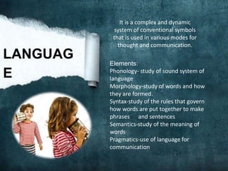 It is a complex and dynamic
system of conventional symbols
that is used in various modes for
thought and communication.
LANGUAG
E
Elements:
Phonology- study of sound system of
language
Morphology-study of words and how
they are formed.
Syntax-study of the rules that govern
how words are put together to make
phrases and sentences
Semantics-study of the meaning of
words
Pragmatics-use of language for
communication
 