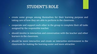 STUDENT’S ROLE
 create some groups among themselves for their learning purpose and
taking care of how they are able to perform in the classroom.
 cooperate and support each other in the group to complete their all tasks
assigned by the responsible teacher.
 should involve in interaction and conversation with the teacher and other
learners in the classroom.
 should be more interactive and create an interactive environment in the
classroom for making the learning easier and more attractive
 