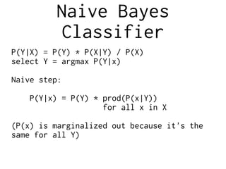 Naive Bayes
Classifier
P(Y|X) = P(Y) * P(X|Y) / P(X)
select Y = argmax P(Y|x)
Naive step:
P(Y|x) = P(Y) * prod(P(x|Y))
for all x in X
(P(x) is marginalized out because it's the
same for all Y)
 