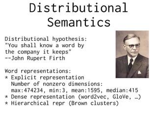 Distributional
Semantics
Distributional hypothesis:
"You shall know a word by
the company it keeps"
--John Rupert Firth
Word representations:
* Explicit representation
Number of nonzero dimensions:
max:474234, min:3, mean:1595, median:415
* Dense representation (word2vec, GloVe, …)
* Hierarchical repr (Brown clusters)
 