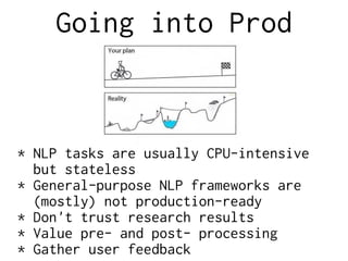 Going into Prod
* NLP tasks are usually CPU-intensive
but stateless
* General-purpose NLP frameworks are
(mostly) not production-ready
* Don't trust research results
* Value pre- and post- processing
* Gather user feedback
 