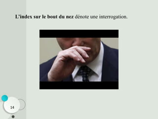 L’index sur le bout du nez dénote une interrogation.
14
 