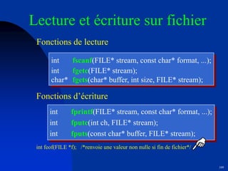 109
Lecture et écriture sur fichier
Fonctions de lecture
int fscanf(FILE* stream, const char* format, ...);
int fgetc(FILE* stream);
char* fgets(char* buffer, int size, FILE* stream);
Fonctions d’écriture
int feof(FILE *f); /*renvoie une valeur non nulle si fin de fichier*/
int fprintf(FILE* stream, const char* format, ...);
int fputc(int ch, FILE* stream);
int fputs(const char* buffer, FILE* stream);
 