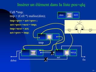 134
debut
NULL
fin
NULL
Insérer un élément dans la liste pos=qlq
Cell *tmp;
tmp = (Cell *) malloc(dim); data prev next
tmp->prev = act->prev ;
act->prev->next = tmp;
tmp->next = act;
act->prev = tmp;
tmp
act
 