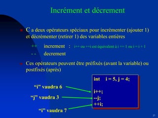 27
Incrément et décrement
int i = 5, j = 4;
i++;
--j;
++i;
“i” vaudra 6
“j” vaudra 3
“i” vaudra 7
 C a deux opérateurs spéciaux pour incrémenter (ajouter 1)
et décrémenter (retirer 1) des variables entières
++ increment : i++ ou ++i est équivalent à i += 1 ou i = i + 1
- - decrement
 Ces opérateurs peuvent être préfixés (avant la variable) ou
postfixés (après)
 
