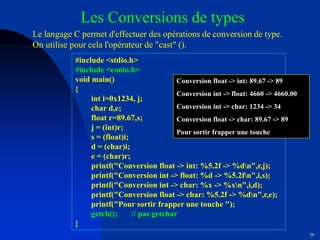 29
Les Conversions de types
Le langage C permet d'effectuer des opérations de conversion de type.
On utilise pour cela l'opérateur de "cast" ().
#include <stdio.h>
#include <conio.h>
void main()
{
int i=0x1234, j;
char d,e;
float r=89.67,s;
j = (int)r;
s = (float)i;
d = (char)i;
e = (char)r;
printf("Conversion float -> int: %5.2f -> %dn",r,j);
printf("Conversion int -> float: %d -> %5.2fn",i,s);
printf("Conversion int -> char: %x -> %xn",i,d);
printf("Conversion float -> char: %5.2f -> %dn",r,e);
printf("Pour sortir frapper une touche ");
getch(); // pas getchar
}
Conversion float -> int: 89.67 -> 89
Conversion int -> float: 4660 -> 4660.00
Conversion int -> char: 1234 -> 34
Conversion float -> char: 89.67 -> 89
Pour sortir frapper une touche
 