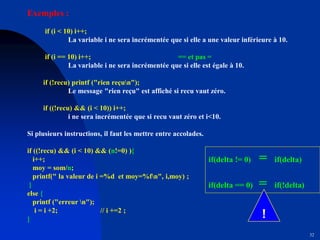 32
Exemples :
if (i < 10) i++;
La variable i ne sera incrémentée que si elle a une valeur inférieure à 10.
if (i == 10) i++; == et pas =
La variable i ne sera incrémentée que si elle est égale à 10.
if (!recu) printf ("rien reçun");
Le message "rien reçu" est affiché si recu vaut zéro.
if ((!recu) && (i < 10)) i++;
i ne sera incrémentée que si recu vaut zéro et i<10.
Si plusieurs instructions, il faut les mettre entre accolades.
if ((!recu) && (i < 10) && (n!=0) ){
i++;
moy = som/n;
printf(" la valeur de i =%d et moy=%fn", i,moy) ;
}
else {
printf ("erreur n");
i = i +2; // i +=2 ;
}
if(delta != 0) = if(delta)
if(delta == 0) = if(!delta)
!
 