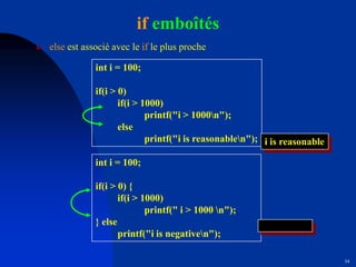 34
if emboîtés
 else est associé avec le if le plus proche
int i = 100;
if(i > 0) {
if(i > 1000)
printf(" i > 1000 n");
} else
printf("i is negativen");
int i = 100;
if(i > 0)
if(i > 1000)
printf("i > 1000n");
else
printf("i is reasonablen"); i is reasonable
 