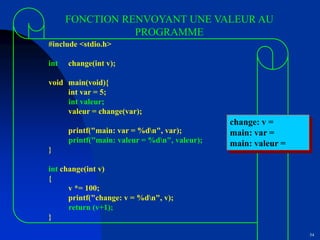 54
FONCTION RENVOYANT UNE VALEUR AU
PROGRAMME
#include <stdio.h>
int change(int v);
void main(void){
int var = 5;
int valeur;
valeur = change(var);
printf("main: var = %dn", var);
printf("main: valeur = %dn", valeur);
}
int change(int v)
{
v *= 100;
printf("change: v = %dn", v);
return (v+1);
}
change: v =
main: var =
main: valeur =
 