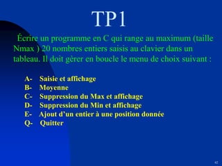 62
Écrire un programme en C qui range au maximum (taille
Nmax ) 20 nombres entiers saisis au clavier dans un
tableau. Il doit gèrer en boucle le menu de choix suivant :
A- Saisie et affichage
B- Moyenne
C- Suppression du Max et affichage
D- Suppression du Min et affichage
E- Ajout d’un entier à une position donnée
Q- Quitter
TP1
 