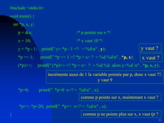77
#include <stdio.h>
void main() {
int *p, x, y;
p = &x; /* p pointe sur x */
x = 10; /* x vaut 10 */
y = *p - 1; printf(" y= *p - 1 =? = %dn" , y);
*p += 1; printf(" *p += 1 =? *p = x= ? = %d %dn" , *p, x);
(*p)++; printf(" (*p)++ =? *p = x= ? = %d %d alors y=%d n" , *p, x, y);
*p=0; printf(" *p=0 x=? = %dn" , x);
*p++; *p=20; printf(" *p++ x=? = %dn" , x);
}
y vaut ?
x vaut ?
incrémente aussi de 1 la variable pointée par p, donc x vaut ??.
y vaut 9
comme p pointe sur x, maintenant x vaut ?
comme p ne pointe plus sur x, x vaut tjr ?
 
