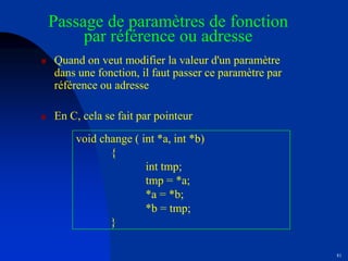 81
Passage de paramètres de fonction
par référence ou adresse
 Quand on veut modifier la valeur d'un paramètre
dans une fonction, il faut passer ce paramètre par
référence ou adresse
 En C, cela se fait par pointeur
void change ( int *a, int *b)
{
int tmp;
tmp = *a;
*a = *b;
*b = tmp;
}
 