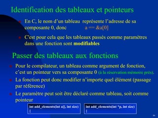 84
Identification des tableaux et pointeurs
 En C, le nom d’un tableau représente l’adresse de sa
composante 0, donc a == &a[0]
 C'est pour cela que les tableaux passés comme paramètres
dans une fonction sont modifiables
Passer des tableaux aux fonctions
 Pour le compilateur, un tableau comme argument de fonction,
c’est un pointeur vers sa composante 0 (à la réservation mémoire près).
 La fonction peut donc modifier n’importe quel élément (passage
par référence)
 Le paramètre peut soit être déclaré comme tableau, soit comme
pointeur
int add_elements(int a[], int size)
{
int add_elements(int *p, int size)
{
 