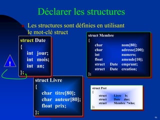 96
Déclarer les structures
 Les structures sont définies en utilisant
le mot-clé struct
struct Livre
{
char titre[80];
char auteur[80];
float prix;
};
struct Date
{
int jour;
int mois;
int an;
};
!
struct Membre
{
char nom[80];
char adresse[200];
int numero;
float amende[10];
struct Date emprunt;
struct Date creation;
};
struct Pret
{
struct Livre b;
struct Date due;
struct Membre *who;
};
 
