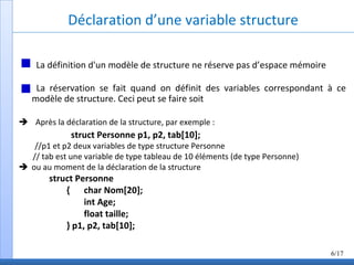 Déclaration d’une variable structure
La définition d'un modèle de structure ne réserve pas d’espace mémoire
La réservation se fait quand on définit des variables correspondant à ce
modèle de structure. Ceci peut se faire soit
Après la déclaration de la structure, par exemple :
struct Personne p1, p2, tab[10];
//p1 et p2 deux variables de type structure Personne
// tab est une variable de type tableau de 10 éléments (de type Personne)
 ou au moment de la déclaration de la structure
struct Personne
{ char Nom[20];
int Age;
float taille;
} p1, p2, tab[10];
6/17
 