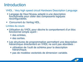 www.geii.eu 2
Introduction
VHDL : Very high speed circuit Hardware Description Language
 Langage de Haut Niveau adapté à une description fonctionnelle
pour cibler des composants logiques reconfigurables.
 Concurrent du Verilog HDL.
Limites du cours
 Utilisation du VHDL pour décrire le comportement d’un bloc
fonctionnel simple ayant :
 des entrées,
 des sorties.
 Les structures de programmation permettant une description
hiérarchique directement en VHDL ne sont pas abordées :
 utilisation de l’outil de schéma pour la description
hiérarchique,
 pas de modèles vectoriels de dimension variable.
2
 