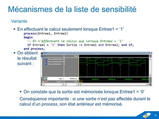 www.geii.eu 25
Mécanismes de la liste de sensibilité
Variante
 En effectuant le calcul seulement lorsque Entree1 = ‘1’
 On obtient
le résultat
suivant :
 On constate que la sortie est mémorisée lorsque Entree1 = ‘0’
Conséquence importante : si une sortie n’est pas affectée durant le
calcul d’un process, son état antérieur est mémorisé.
25
 