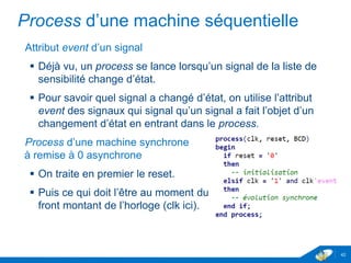 www.geii.eu 42
Process d’une machine séquentielle
Attribut event d’un signal
 Déjà vu, un process se lance lorsqu’un signal de la liste de
sensibilité change d’état.
 Pour savoir quel signal a changé d’état, on utilise l’attribut event
des signaux qui signal qu’un signal a fait l’objet d’un
changement d’état en entrant dans le process.
Process d’une machine synchrone
à remise à 0 asynchrone
 On traite en premier le reset.
 Puis ce qui doit l’être au moment du
front montant de l’horloge (clk ici).
42
 