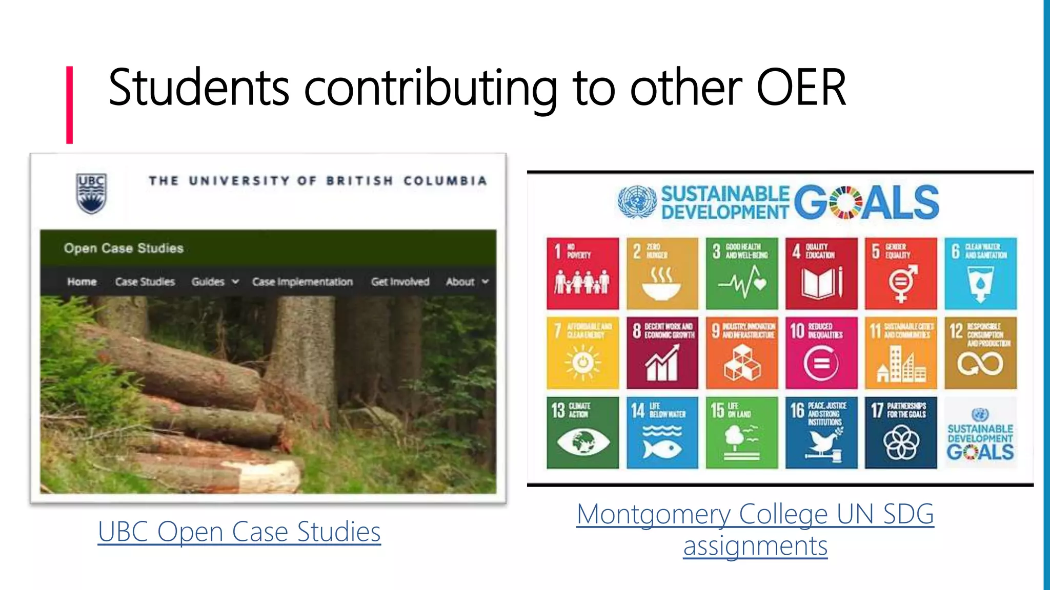 Students contributing to other OER
UBC Open Case Studies
Montgomery College UN SDG
assignments
 