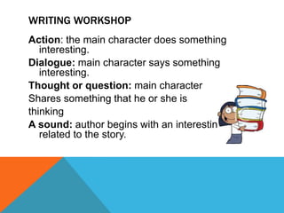 WRITING WORKSHOP
Action: the main character does something
interesting.
Dialogue: main character says something
interesting.
Thought or question: main character
Shares something that he or she is
thinking
A sound: author begins with an interesting sound
related to the story.

 