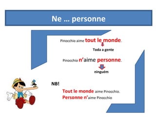Ne … personne 
Pinocchio aime tout le monde. 
Toda a gente 
Pinocchio n’aime personne. 
ninguém 
Tout le monde aime Pinocchio. 
Personne n’aime Pinocchio 
NB! 
 