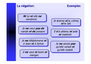 La négation:                             Exemples


    Ni lui ni elle ne
    Ni lui ni elle ne
      viendront.
       viendront.            Je n'aime ni la crème,
                              Je n'aime ni la crème,
                                    ni le lait.
                                     ni le lait.
    Je ne veux pas de
     Je ne veux pas de
  viande ni de poisson.
   viande ni de poisson.     Il n'a obtenu ni aide
                              Il n'a obtenu ni aide
                                  ni matériel.
                                   ni matériel.
   Je ne téléphonerai ni
    Je ne téléphonerai ni
     à Jean ni à Sylvie.
     à Jean ni à Sylvie.       Je ne savais pas
                                Je ne savais pas
                               qu'elle venait ni
                                qu'elle venait ni
                                 qu'elle restait.
                                 qu'elle restait.
   Il ne veut ni boire ni
    Il ne veut ni boire ni
          manger.
           manger.
 